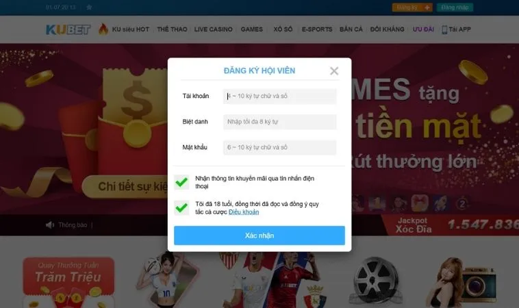 Giao diện đăng ký KUBET