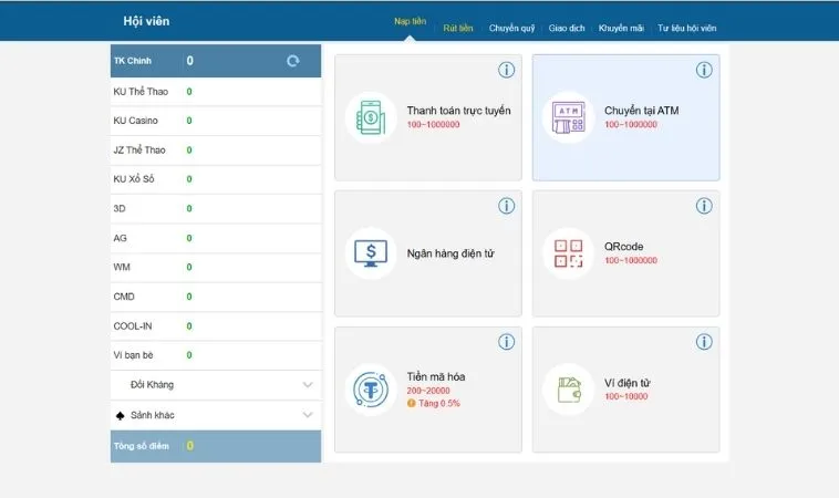 Các phương thức nạp tiền KUBET
